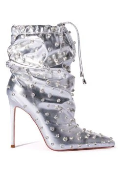 AZALEA WANG RUN THIS TOWN EMBELLISHED METALLIC BOOTIE IN SILVER -Azalea Wang store azalea wang run this town embellished metallic bootie in silver silver 4 4