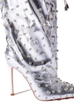 AZALEA WANG RUN THIS TOWN EMBELLISHED METALLIC BOOTIE IN SILVER -Azalea Wang store azalea wang run this town embellished metallic bootie in silver silver 7 7