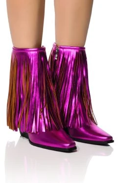 AZALEA WANG SCARLETT CHUNKY WESTERN FRINGE BOOTIE IN FUCHSIA -Azalea Wang store azalea wang scarlett metallic chunky bootie in fuchsia fuchsia 1 1