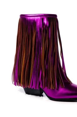 AZALEA WANG SCARLETT CHUNKY WESTERN FRINGE BOOTIE IN FUCHSIA -Azalea Wang store azalea wang scarlett metallic chunky bootie in fuchsia fuchsia 5 5