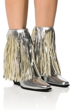 AZALEA WANG SCARLETT METALLIC CHUNKY WESTERN FRINGE BOOTIE IN SILVER -Azalea Wang store azalea wang scarlett metallic chunky western fringe bootie in silver silver 1 1