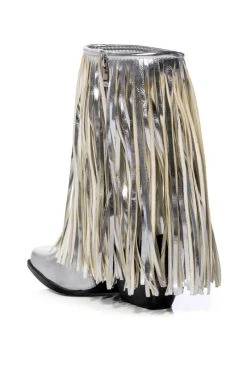 AZALEA WANG SCARLETT METALLIC CHUNKY WESTERN FRINGE BOOTIE IN SILVER -Azalea Wang store azalea wang scarlett metallic chunky western fringe bootie in silver silver 4 4