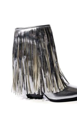 AZALEA WANG SCARLETT METALLIC CHUNKY WESTERN FRINGE BOOTIE IN SILVER -Azalea Wang store azalea wang scarlett metallic chunky western fringe bootie in silver silver 5 5