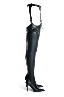 AZALEA WANG SEXY BELTED STRETCH PU STILETTO BOOT WITH 4 WAY STRETCH IN BLACK -Azalea Wang store azalea wang sexy belted stretch pu stiletto boot in black black 2 2