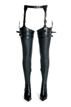 AZALEA WANG SEXY BELTED STRETCH PU STILETTO BOOT WITH 4 WAY STRETCH IN BLACK -Azalea Wang store azalea wang sexy belted stretch pu stiletto boot in black black 3 3