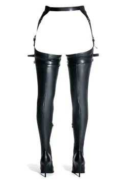 AZALEA WANG SEXY BELTED STRETCH PU STILETTO BOOT WITH 4 WAY STRETCH IN BLACK -Azalea Wang store azalea wang sexy belted stretch pu stiletto boot in black black 4 4
