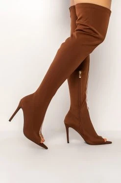 AZALEA WANG SHEER LUCK STILETTO BOOT IN BROWN -Azalea Wang store azalea wang sheer luck stiletto boot in brown brown 2 2