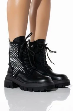 AZALEA WANG SHE'S THRIVING FLATFORM BLING COMBAT BOOT IN BLACK