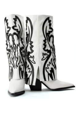 AZALEA WANG SIMPLY BELOW THE KNEE WESTERN BOOTIE IN WHITE BLACK -Azalea Wang store azalea wang simply below the knee western bootie in white black black white 5 5