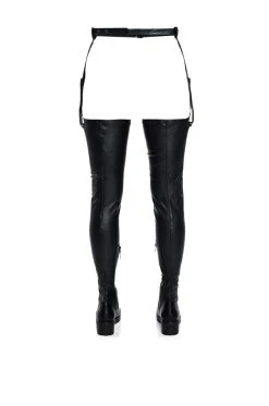 AZALEA WANG SMITTEN OVER YOU DETACHABLE BELT THIGH HIGH FLAT BOOT WITH 4 WAY STRETCH -Azalea Wang store azalea wang smitten over you detachable belt thigh high flat boot with 4 way stretch black pu 4 4