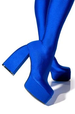 AZALEA WANG STAR STRETCH CHUNKY HEEL PANT BOOT IN BLUE 14 AZALEA WANG STAR STRETCH CHUNKY HEEL PANT BOOT IN BLUE -Azalea Wang store azalea wang star stretch chunky heel pant boot in blue blue 6 6 c1
