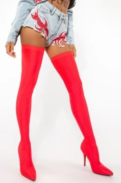 AZALEA WANG STAR STRETCH LOVE STRUCK ULTRA THIGH HIGH STILETTO BOOT IN RED -Azalea Wang store azalea wang star stretch love struck ultra thigh high stiletto boot in red red 2 2