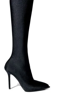 AZALEA WANG STAR STRETCH NEW LEVEL THIGH HIGH STILETTO BOOT IN BLACK -Azalea Wang store azalea wang star stretch new level thigh high stiletto boot in black black 5 5