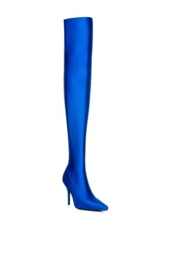 AZALEA WANG STAR STRETCH THIGH HIGH STILETTO BOOT IN BLUE -Azalea Wang store azalea wang star stretch thigh high stiletto boot in blue blue 4 4 c1