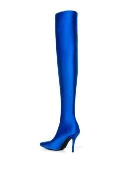 AZALEA WANG STAR STRETCH THIGH HIGH STILETTO BOOT IN BLUE -Azalea Wang store azalea wang star stretch thigh high stiletto boot in blue blue 5 5