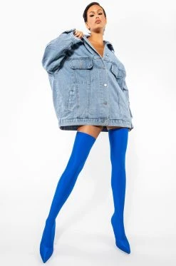 AZALEA WANG STAR STRETCH THIGH HIGH STILETTO BOOT IN BLUE -Azalea Wang store azalea wang star stretch thigh high stiletto boot in blue blue 7 7