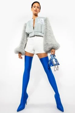 AZALEA WANG STAR STRETCH THIGH HIGH STILETTO BOOT IN BLUE -Azalea Wang store azalea wang star stretch thigh high stiletto boot in blue blue 9 9