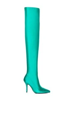 AZALEA WANG STAR STRETCH THIGH HIGH STILETTO BOOT IN GREEN -Azalea Wang store azalea wang star stretch thigh high stiletto boot in green green 4 4 c1