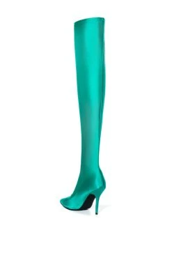 AZALEA WANG STAR STRETCH THIGH HIGH STILETTO BOOT IN GREEN -Azalea Wang store azalea wang star stretch thigh high stiletto boot in green green 6 6