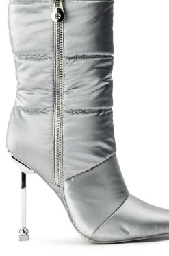 AZALEA WANG STEPPING OUT STILETTO PUFFER BOOTIE IN SILVER -Azalea Wang store azalea wang stepping out stiletto puffer bootie in silver silver 5 5