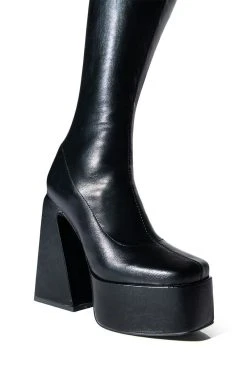 AZALEA WANG STRUT THIS WAY THIGH HIGH PLATFORM BOOT IN BLACK -Azalea Wang store azalea wang strut this way thigh high platform boot in black black 5 5