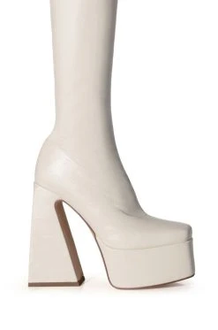 AZALEA WANG STRUT THIS WAY THIGH HIGH PLATFORM BOOT IN WHITE -Azalea Wang store azalea wang strut this way thigh high platform boot in white white 5 5