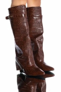AZALEA WANG STUCK ON YOU FOLD OVER WEDGE BOOT IN BROWN CROC -Azalea Wang store azalea wang stuck on you fold over wedge boot in brown croc brown croc 1 1
