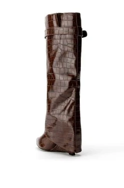 AZALEA WANG STUCK ON YOU FOLD OVER WEDGE BOOT IN BROWN CROC -Azalea Wang store azalea wang stuck on you fold over wedge boot in brown croc brown croc 4 4