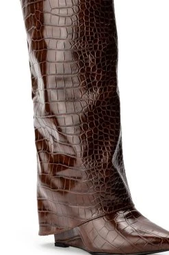 AZALEA WANG STUCK ON YOU FOLD OVER WEDGE BOOT IN BROWN CROC -Azalea Wang store azalea wang stuck on you fold over wedge boot in brown croc brown croc 5 5