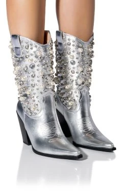 AZALEA WANG SUCH AN ORIGINAL RHINESTONE PEARL WESTERN BOOTIE IN SILVER