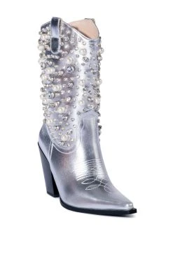 AZALEA WANG SUCH AN ORIGINAL RHINESTONE PEARL WESTERN BOOTIE IN SILVER -Azalea Wang store azalea wang such an original rhinestone pearl western bootie in silver silver 3 3
