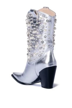 AZALEA WANG SUCH AN ORIGINAL RHINESTONE PEARL WESTERN BOOTIE IN SILVER -Azalea Wang store azalea wang such an original rhinestone pearl western bootie in silver silver 4 4