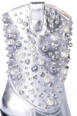 AZALEA WANG SUCH AN ORIGINAL RHINESTONE PEARL WESTERN BOOTIE IN SILVER -Azalea Wang store azalea wang such an original rhinestone pearl western bootie in silver silver 5 5