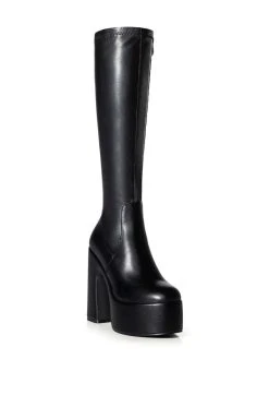 AZALEA WANG SUTTON PU CHUNKY BOOT WITH 4 WAY STRETCH IN BLACK -Azalea Wang store azalea wang sutton pu chunky boot in black black 3 3