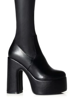 AZALEA WANG SUTTON PU CHUNKY BOOT WITH 4 WAY STRETCH IN BLACK -Azalea Wang store azalea wang sutton pu chunky boot in black black 5 5