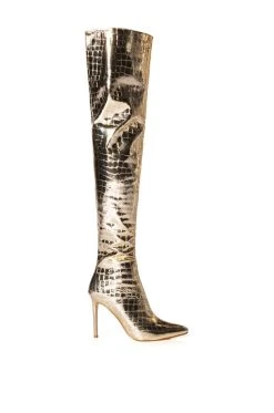 AZALEA WANG THRILLER OVER THE KNEE STILETTO BOOT IN GOLD -Azalea Wang store azalea wang thriller over the knee stiletto boot in gold gold 2 2