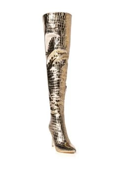 AZALEA WANG THRILLER OVER THE KNEE STILETTO BOOT IN GOLD -Azalea Wang store azalea wang thriller over the knee stiletto boot in gold gold 3 3