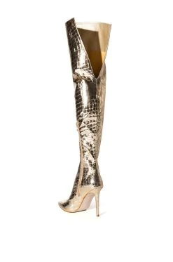 AZALEA WANG THRILLER OVER THE KNEE STILETTO BOOT IN GOLD -Azalea Wang store azalea wang thriller over the knee stiletto boot in gold gold 4 4