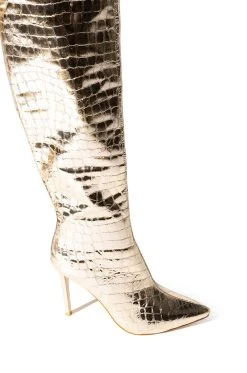 AZALEA WANG THRILLER OVER THE KNEE STILETTO BOOT IN GOLD -Azalea Wang store azalea wang thriller over the knee stiletto boot in gold gold 5 5