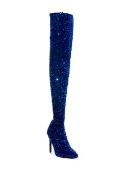 AZALEA WANG ULTRA STRETCH SEQUIN THIGH HIGH STILETTO BOOT IN BLUE -Azalea Wang store azalea wang ultra stretch sequin thigh high stiletto boot in blue blue 3 3