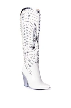 AZALEA WANG UPBEAT RHINESTONE EMBELLISHED WESTERN BOOT IN WHITE -Azalea Wang store azalea wang upbeat rhinestone embellished western boot in white white 3 3