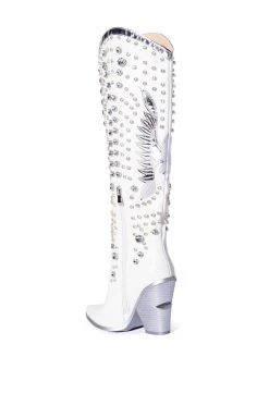 AZALEA WANG UPBEAT RHINESTONE EMBELLISHED WESTERN BOOT IN WHITE -Azalea Wang store azalea wang upbeat rhinestone embellished western boot in white white 4 4