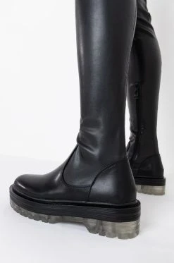 AZALEA WANG WON'T LET YOU DOWN FLATFORM BOOT WITH 4 WAY STRETCH IN CLEAR -Azalea Wang store azalea wang wont let you down flatform boot in clear clear 6 6