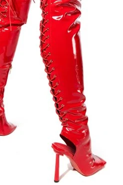 AZALEA WANG YORI SEXY PATENT OPEN TOE BOOT IN RED -Azalea Wang store azalea wang yori sexy patent open toe boot in red red 5 5