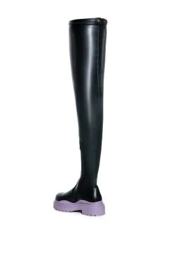AZALEA WANG YOU KNOW YOU LOVE IT THIGH HIGH STRETCH FLATFORM BOOT WITH 4 WAY STRETCH -Azalea Wang store azalea wang you know you love it thigh high stretch flatform boot in periwinkle periwinkle 4 4