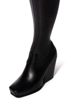 AZALEA WANG ZAHRAH THIGH HIGH CHUNKY WESTERN BOOT WITH 4 WAY STRETCH IN BLACK -Azalea Wang store azalea wang zahrah thigh high chunky western boot in black black 5 5