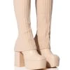 EXACTLY SIS KNIT FOLD OVER CHUNKY HEEL PLATFORM BOOT IN NUDE -Azalea Wang store exactly sis knit fold over chunky heel platform boot in nude nude 1 1