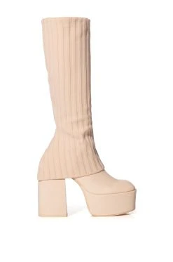 EXACTLY SIS KNIT FOLD OVER CHUNKY HEEL PLATFORM BOOT IN NUDE -Azalea Wang store exactly sis knit fold over chunky heel platform boot in nude nude 2 2