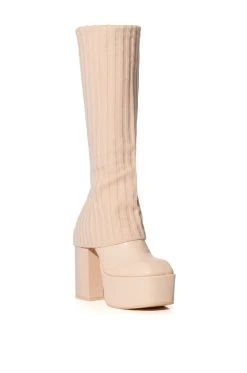 EXACTLY SIS KNIT FOLD OVER CHUNKY HEEL PLATFORM BOOT IN NUDE -Azalea Wang store exactly sis knit fold over chunky heel platform boot in nude nude 3 3