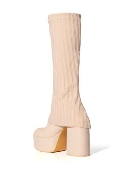 EXACTLY SIS KNIT FOLD OVER CHUNKY HEEL PLATFORM BOOT IN NUDE -Azalea Wang store exactly sis knit fold over chunky heel platform boot in nude nude 4 4